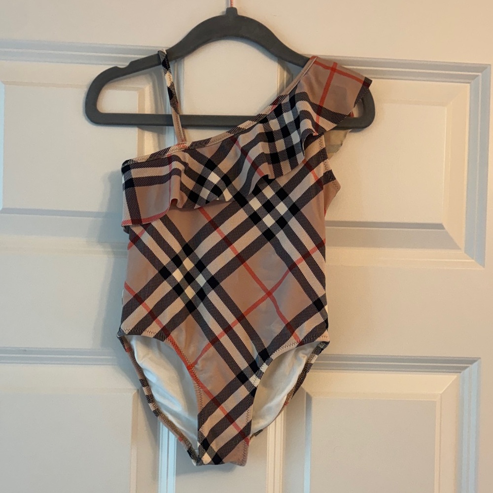 Burberry Girls Fern One-Shoulder Ruffle Swimsuit - Beige Plaid. Size 3T.